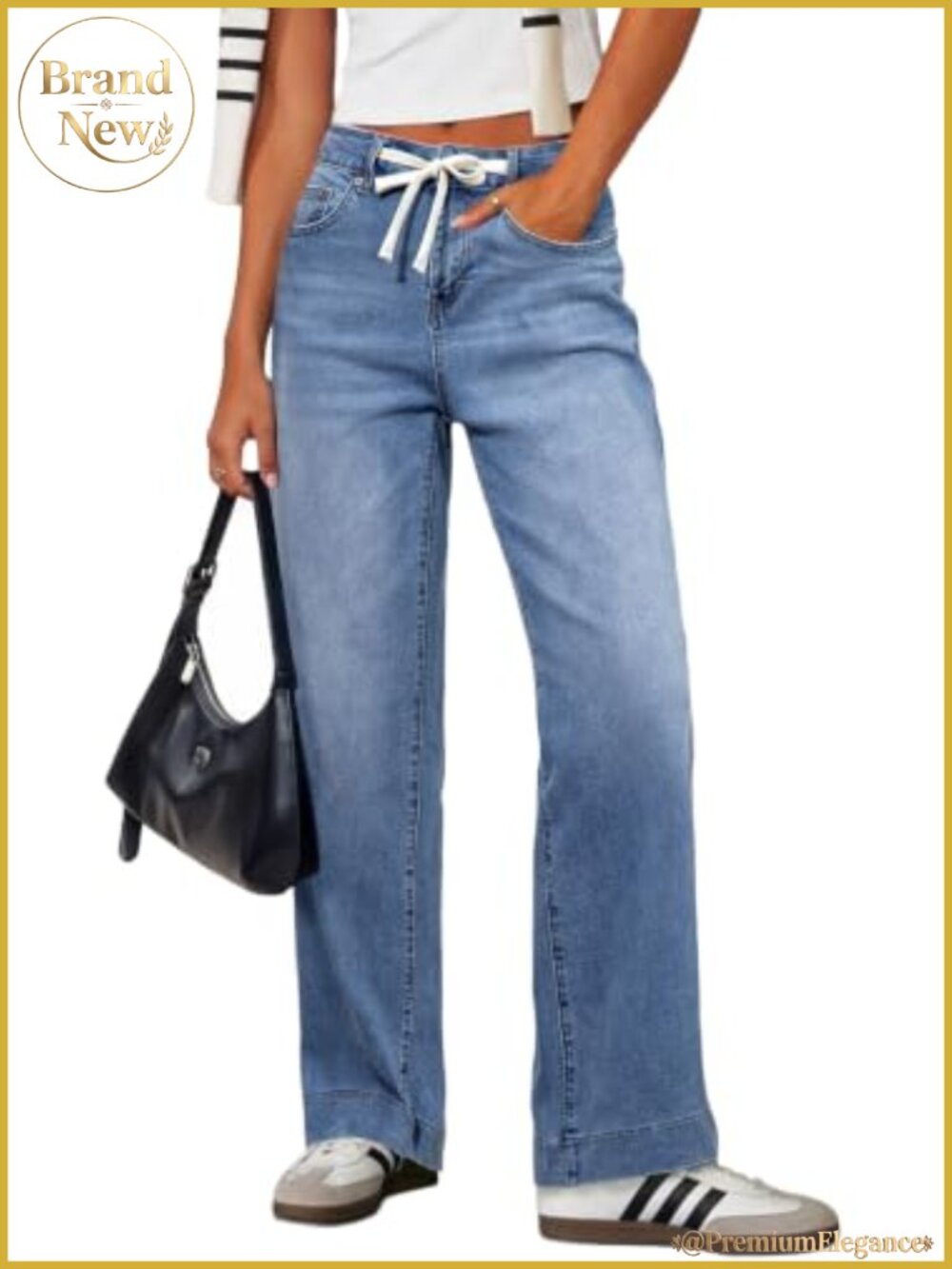 Women's High Waisted Straight Leg Jeans Drawstring Denim Pants Stretch Cotton